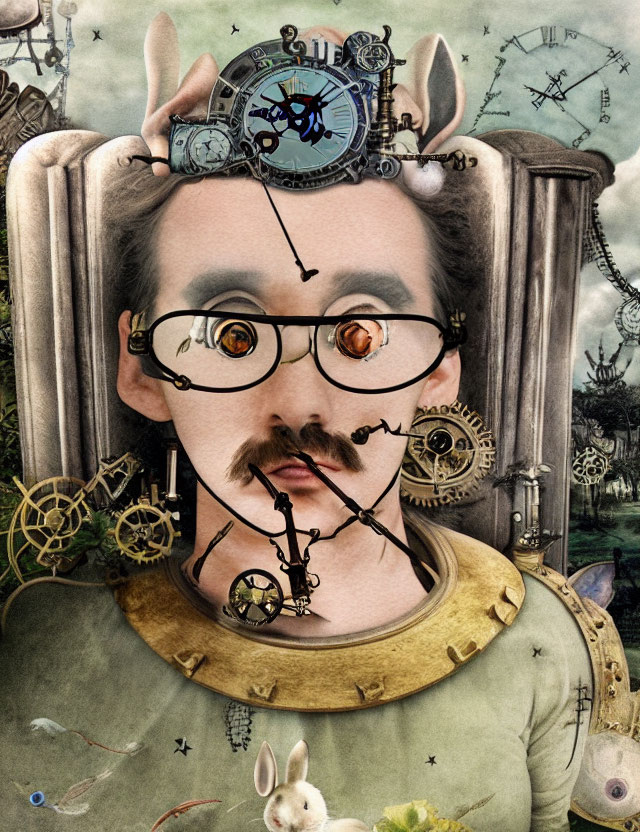 Surreal portrait with exaggerated facial features, steampunk elements, and whimsical rabbit