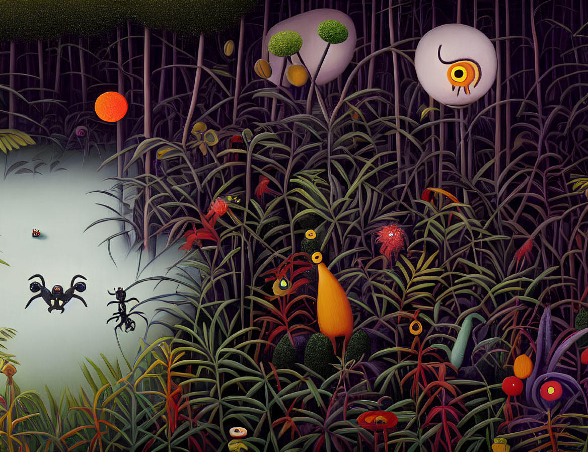 Vibrant Jungle with Whimsical Creatures and Glowing Orbs