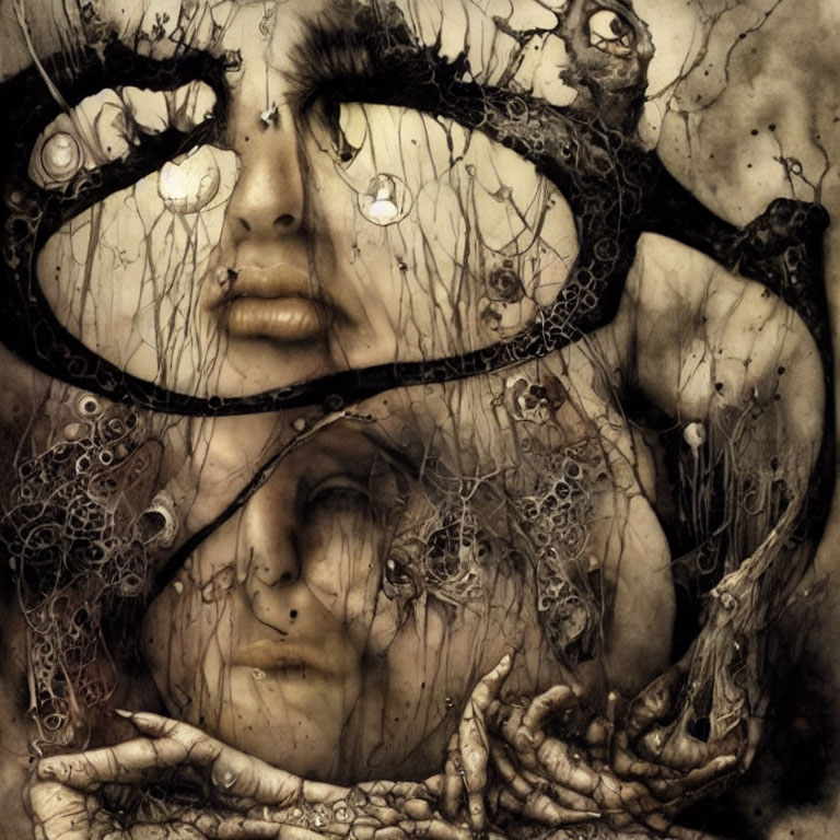 Detailed surreal artwork: large eyes, intricate vine patterns, smaller face cradled in hands