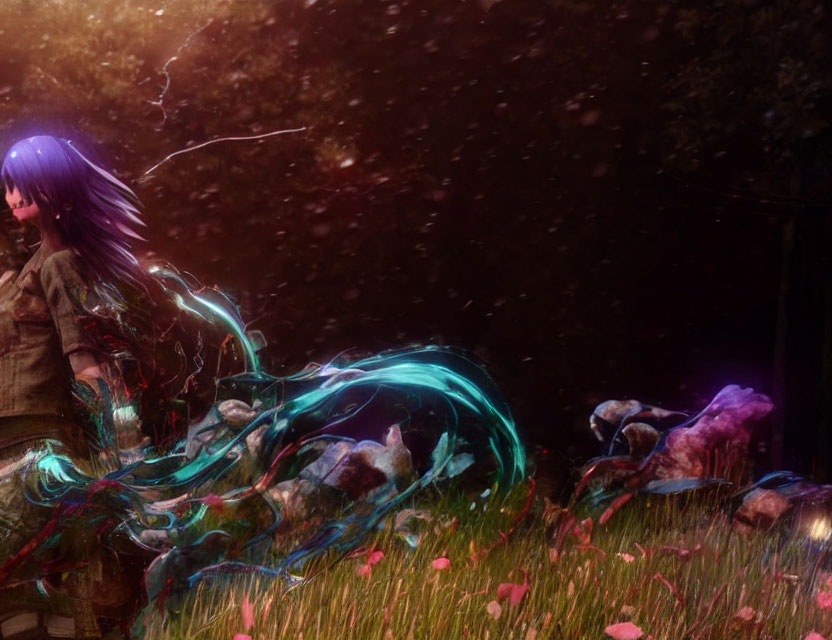 Purple-haired animated character in mystical forest with swirling lights and vibrant flora
