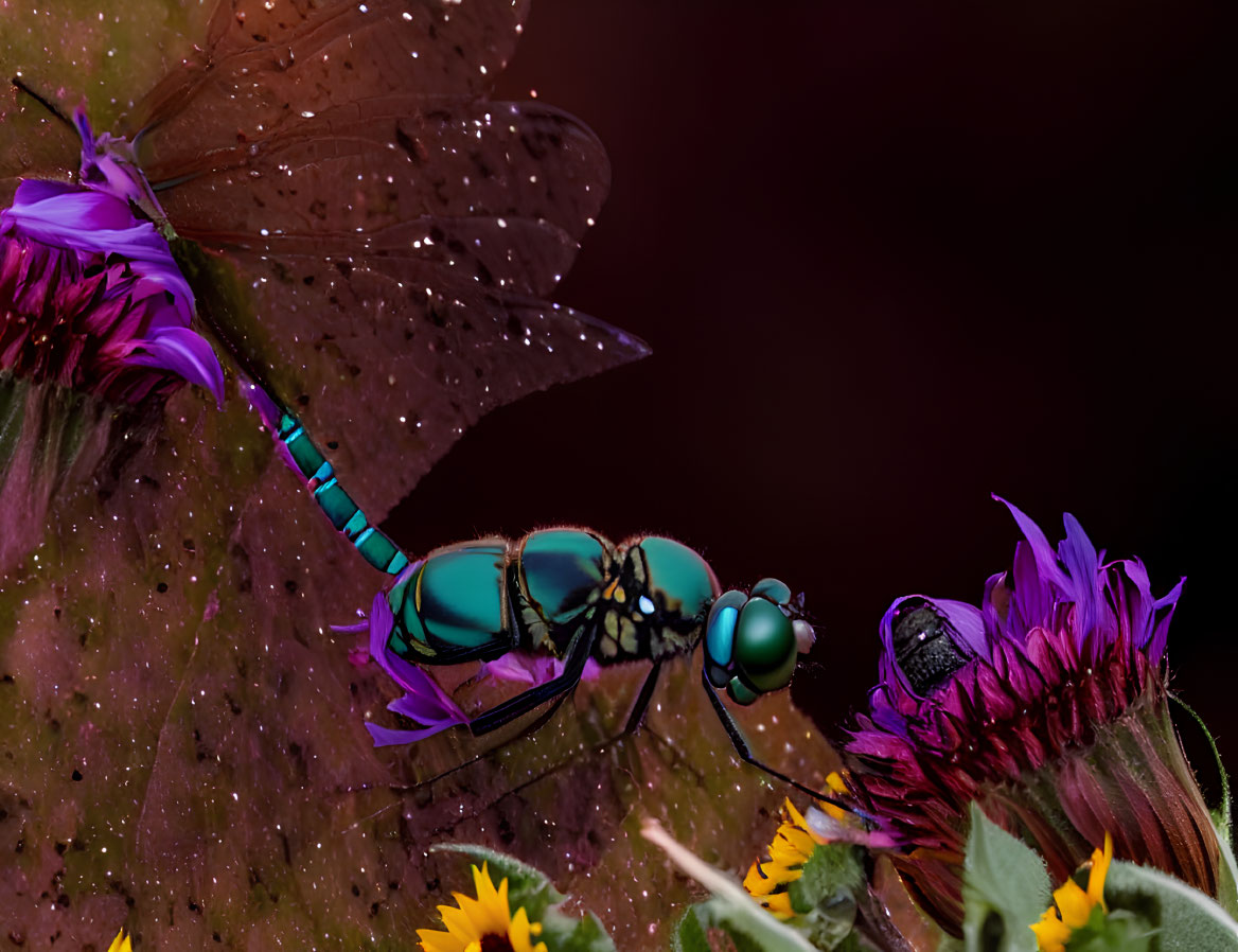 Metallic green dragonfly on leaf with dewdrops near purple flowers