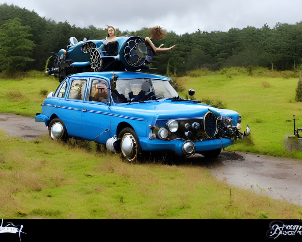 Blue Vintage Car with Oversized Wheels Flying Over Grass Field with Woman Posing