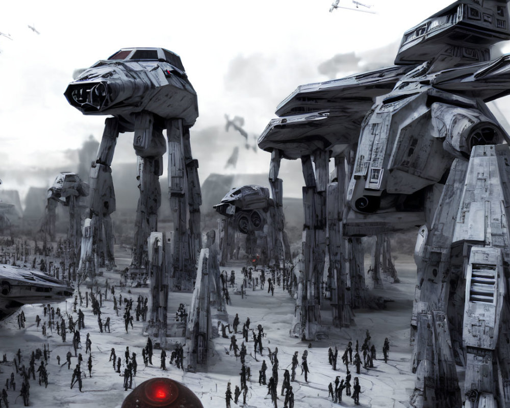 Dystopian scene with large robotic walkers in war-torn landscape