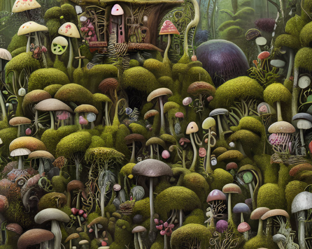 Enchanting forest scenery with mushrooms and tree house in misty setting