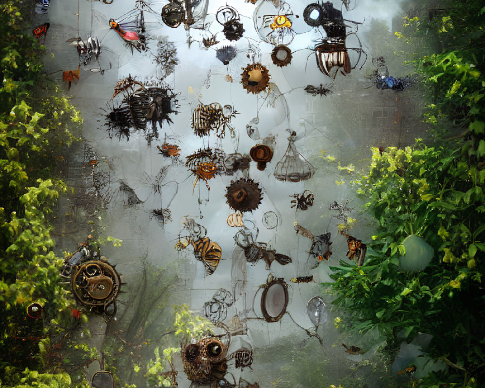 Fantastical forest with whimsical mechanical insects in lush greenery