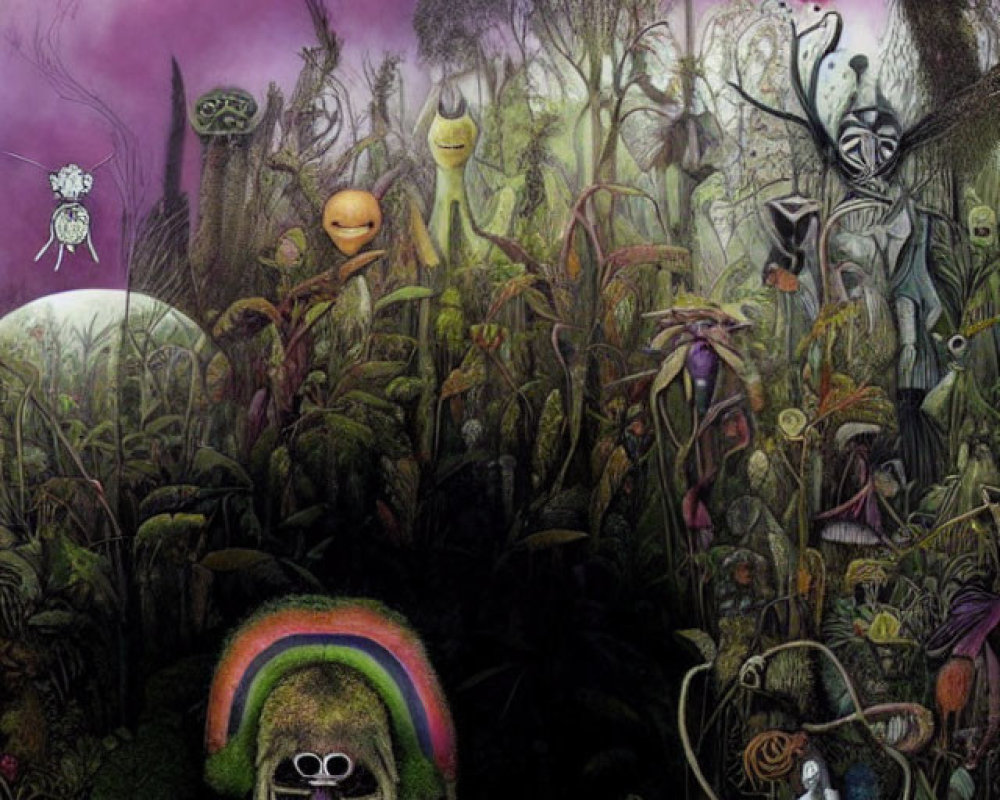 Colorful surreal forest scene with fantasy creatures and humanoid figure in vibrant flora, rainbow, and purple sky