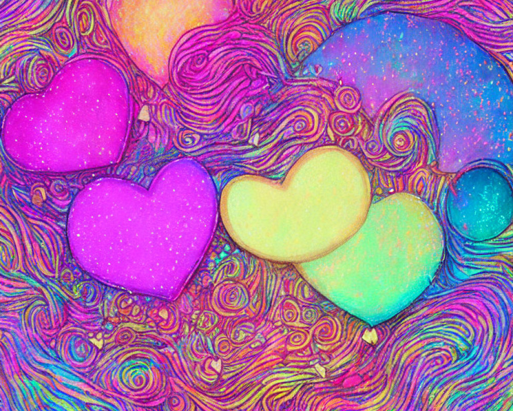 Colorful Psychedelic Artwork with Swirling Patterns and Heart Shapes