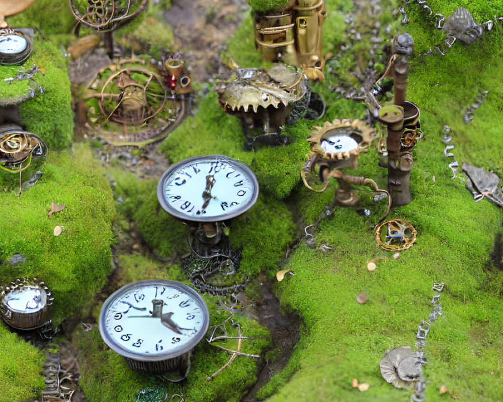 Miniature steampunk landscape with moss-covered hills and metallic structures