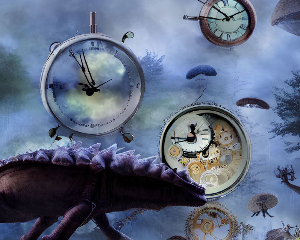 Surreal landscape with floating clocks, dinosaur, and jellyfish-like plants