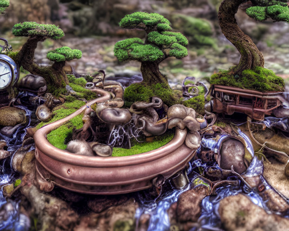 Miniature landscape with bonsai trees, train, bridge, figures, vintage clock, and water backdrop