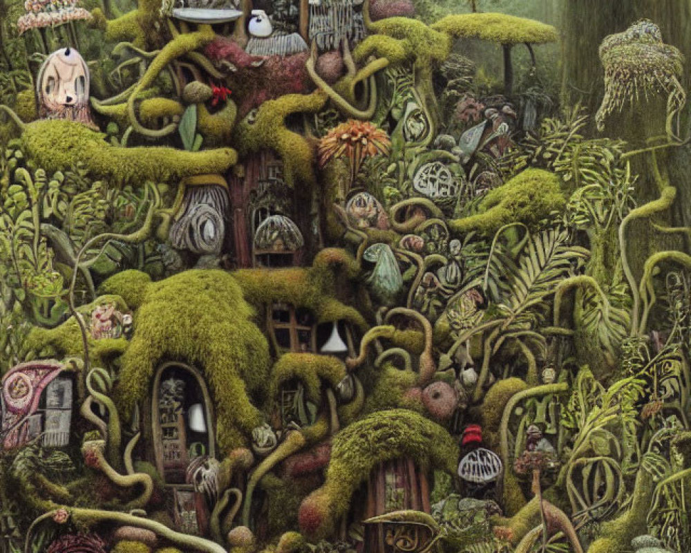 Enchanting moss-covered forest with treehouses and fantastical creatures