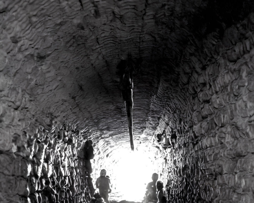 Silhouetted figure walks through stone tunnel towards bright light with blurred figures.