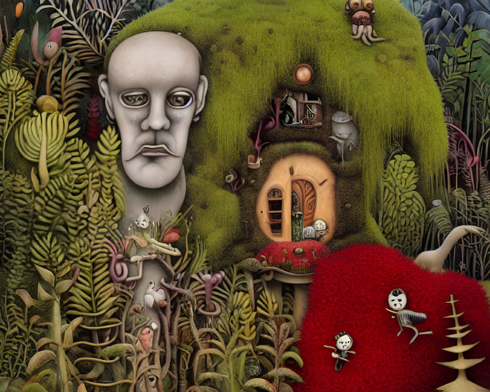 Surreal Artwork: Large Green Face with Forest and Whimsical Creatures