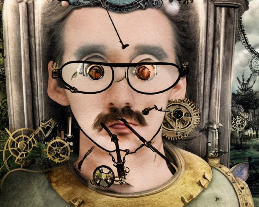 Surreal portrait with exaggerated facial features, steampunk elements, and whimsical rabbit