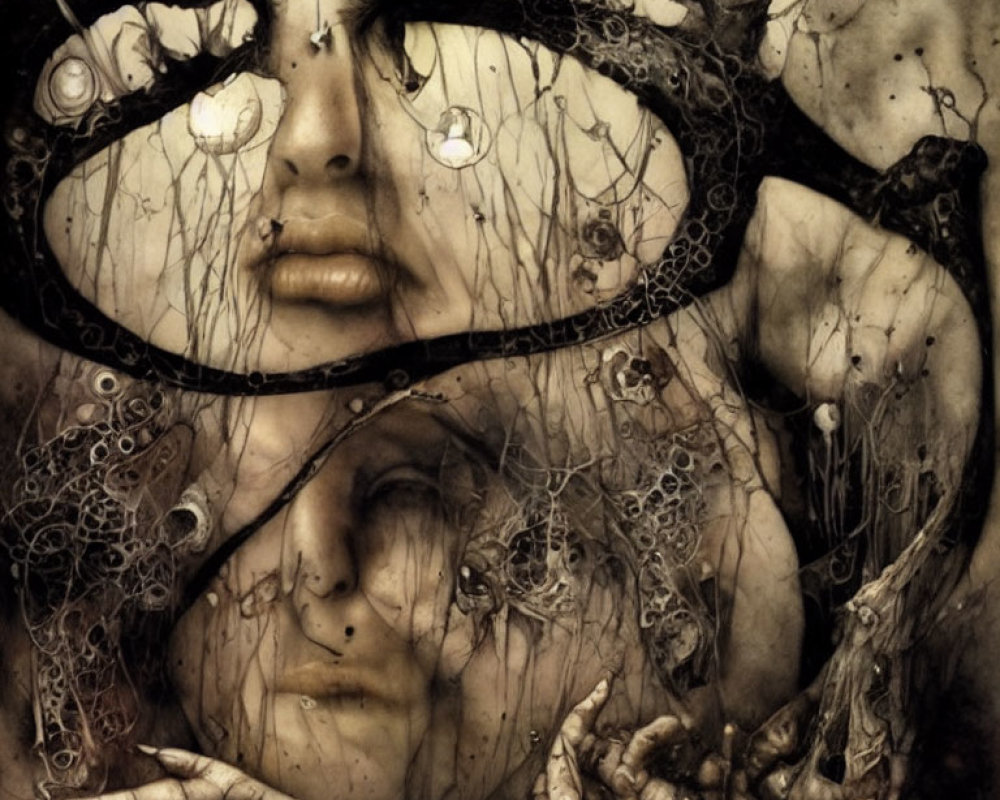 Detailed surreal artwork: large eyes, intricate vine patterns, smaller face cradled in hands