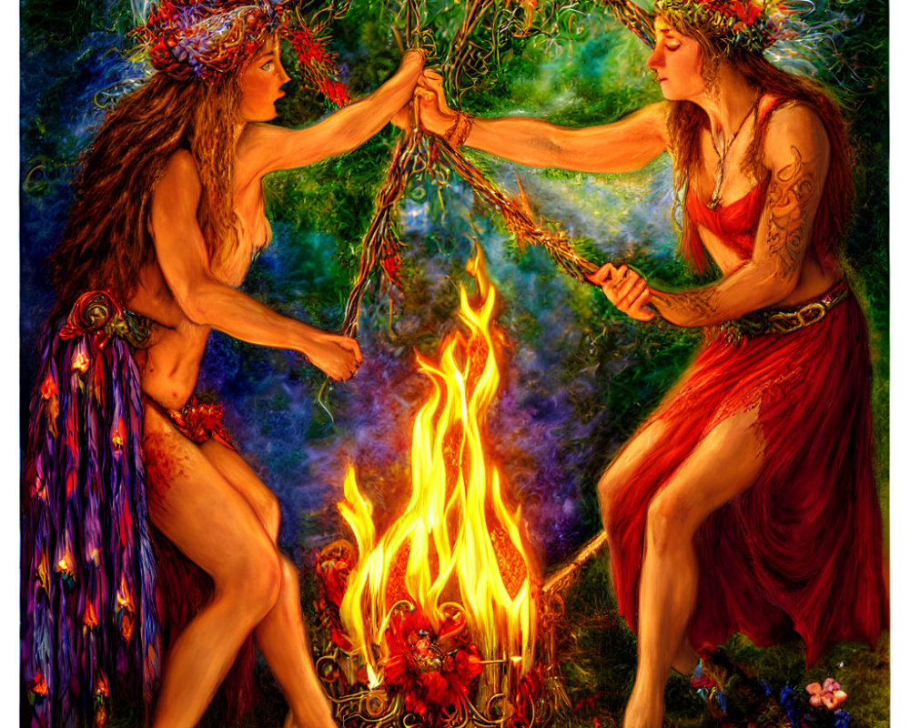 Ethereal figures in mystical ritual around vibrant fire