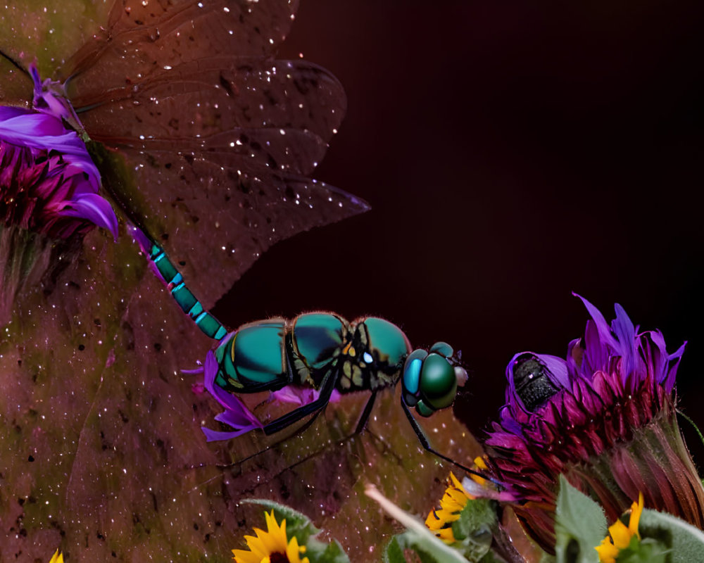 Metallic green dragonfly on leaf with dewdrops near purple flowers