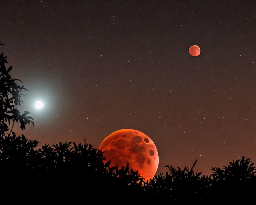 Bright Venus and red lunar eclipse in night sky with stars above silhouetted foliage