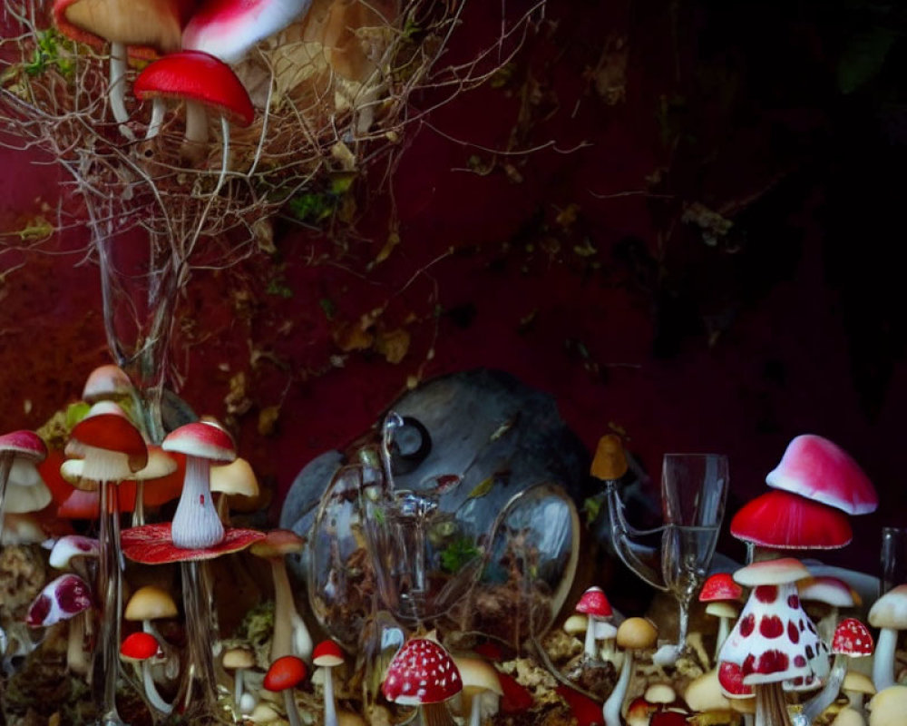 Colorful Artificial Mushrooms with Miniature Watering Can and Glassware on Dark Red Background