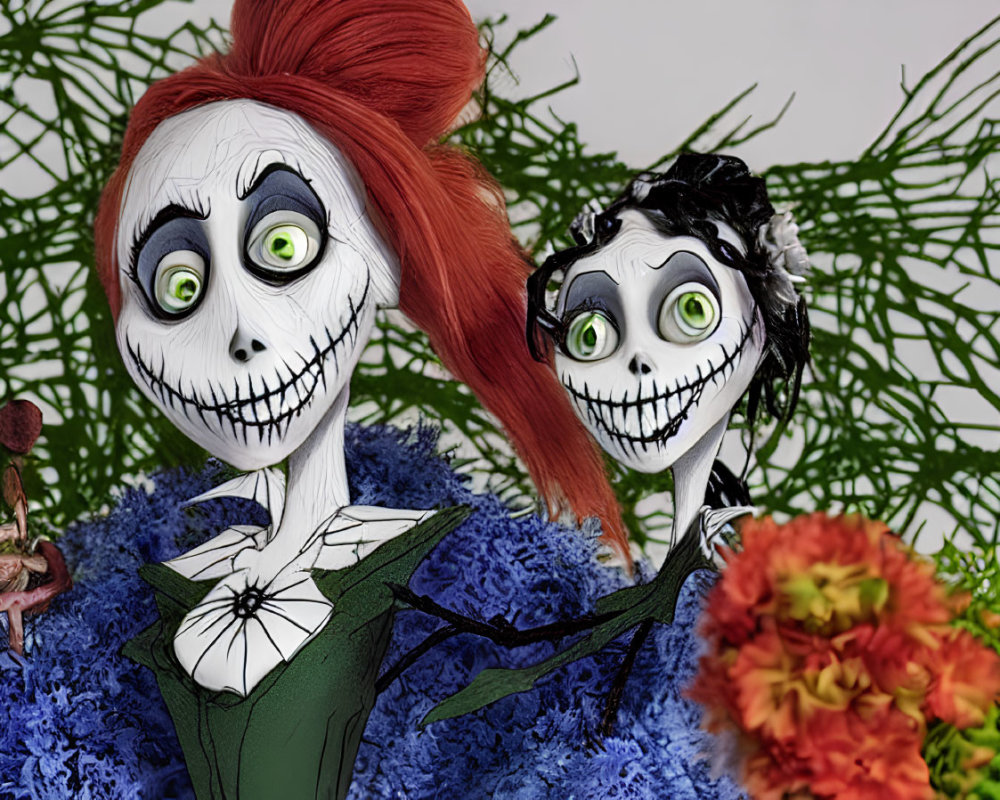 Spooky Jack and Sally lookalikes in colorful foliage