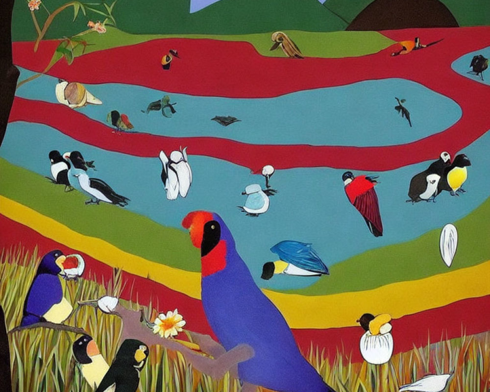 Vibrant bird-themed painting with river, mountains, and flowers