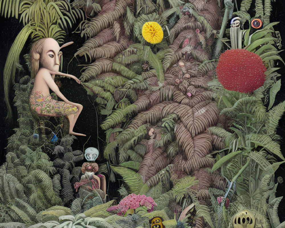 Surreal jungle artwork with hidden faces, creatures, and figure holding mask