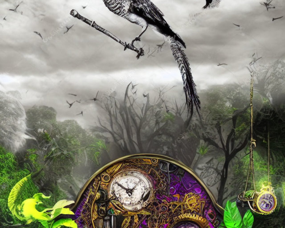 Surreal collage featuring bird, foliage, gears, clocks, watches, misty backdrop