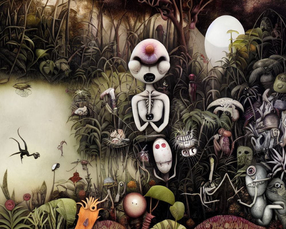 Eclectic mix of surreal creatures in dark, dreamlike landscape