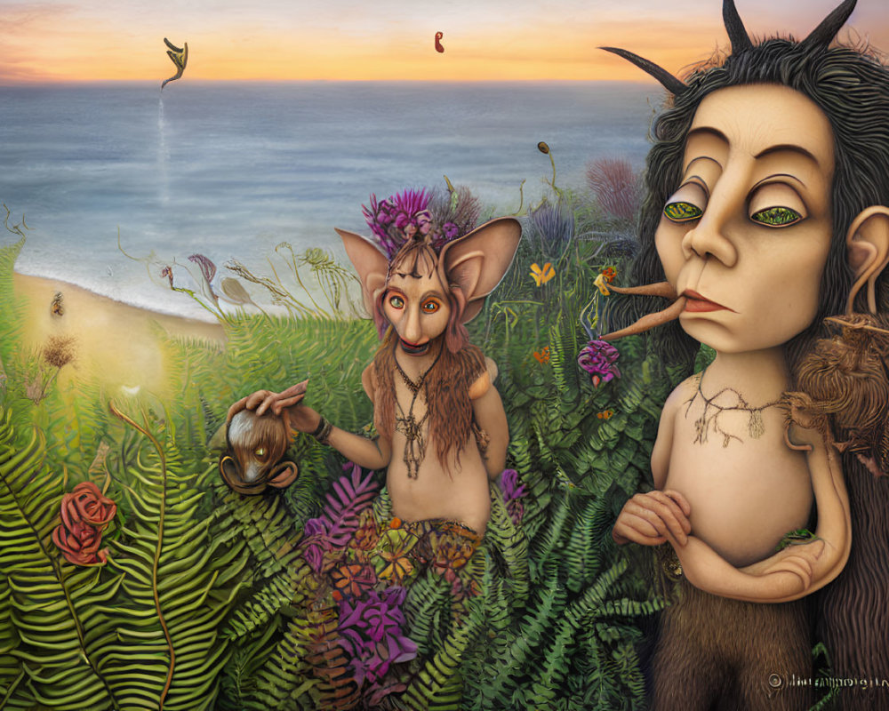 Surreal painting: fantastical creatures in colorful flora by seaside cliff