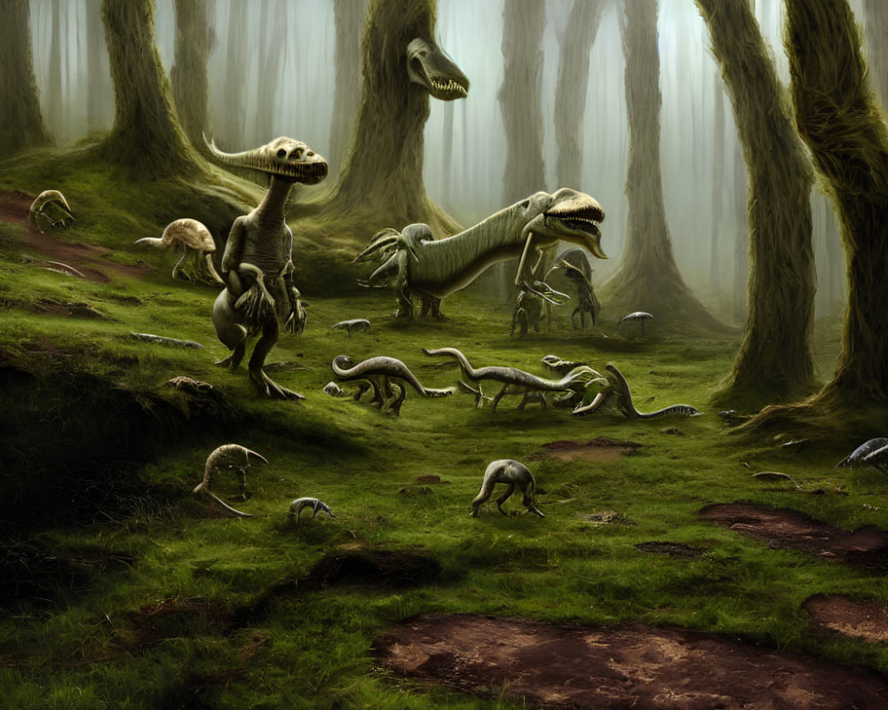 Various dinosaurs in misty forest with tall trees and filtered sunlight - a prehistoric scene