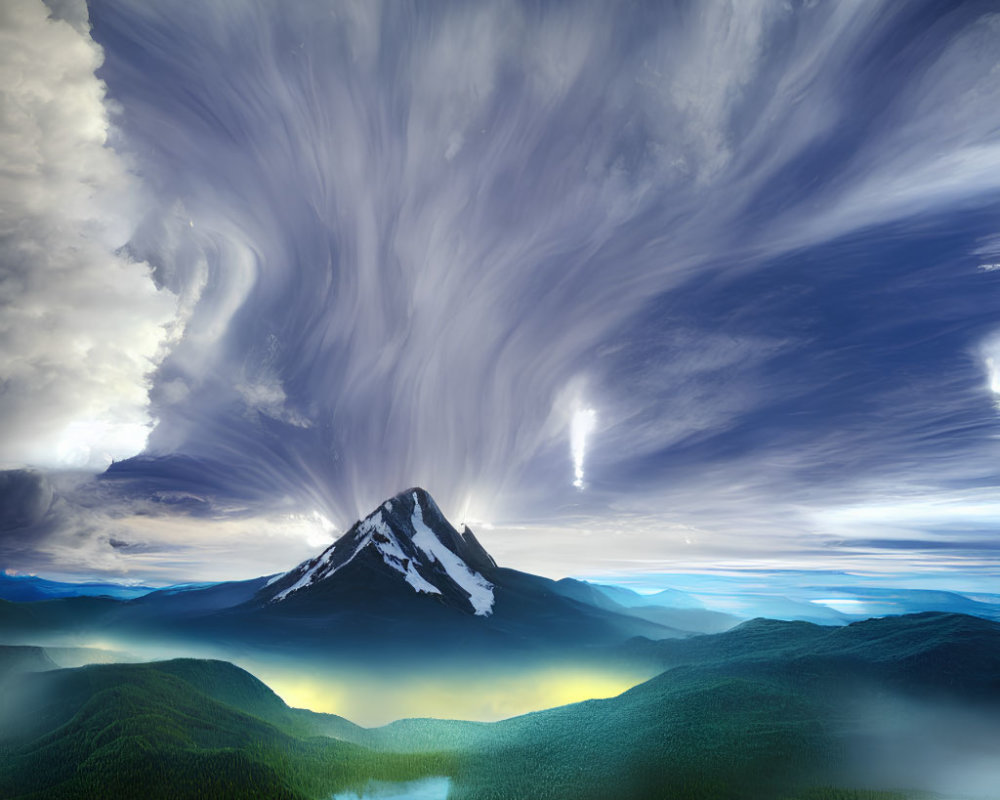 Majestic mountain under dramatic sky with swirling clouds and sunlight piercing through, overlooking lush forest and river