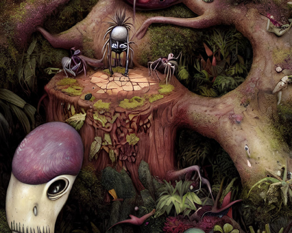 Fantastical forest with anthropomorphic trees and creatures in vivid colors