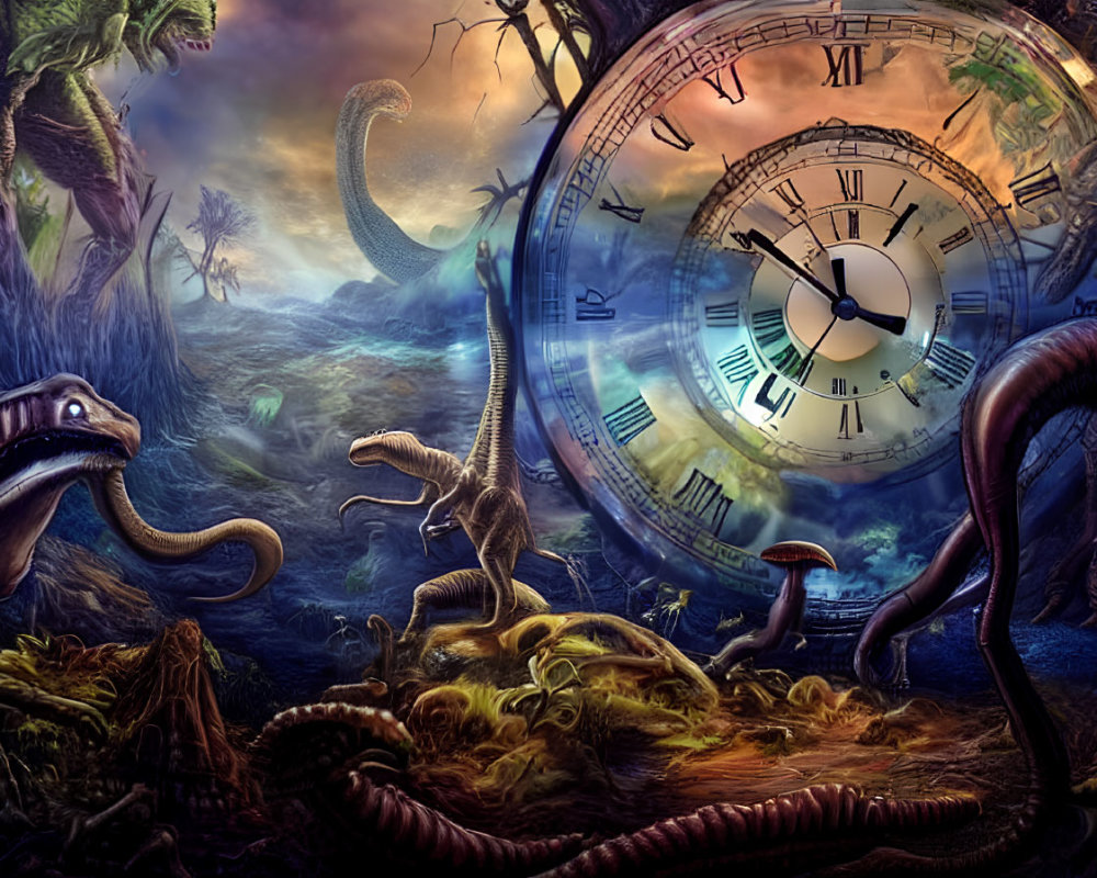 Fantasy scene featuring dinosaurs, lush vegetation, and transparent clock overlay