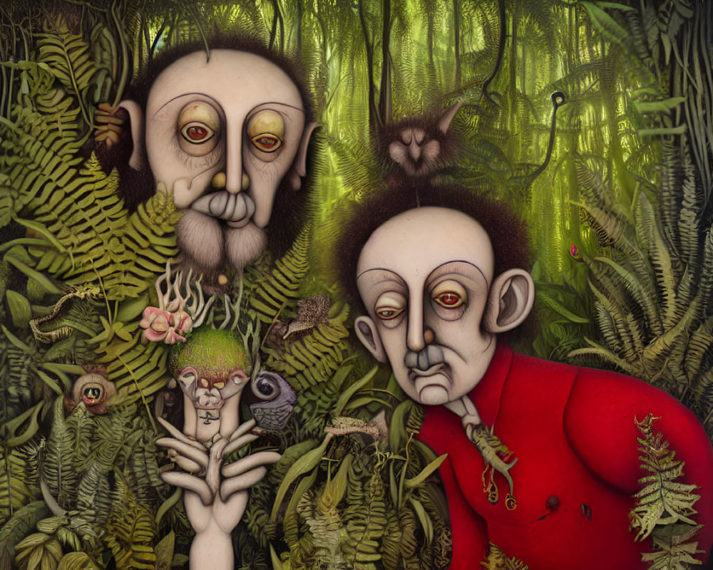 Surreal painting of humanoid figures in jungle with mystical creatures