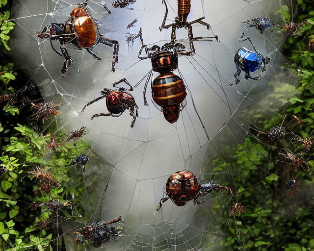 Spider web entangling insects and arachnids, some robotic, on green foliage.