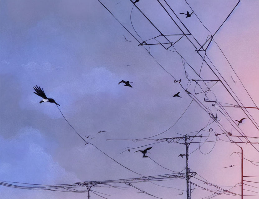 Bird Silhouettes on Power Lines in Twilight Sky