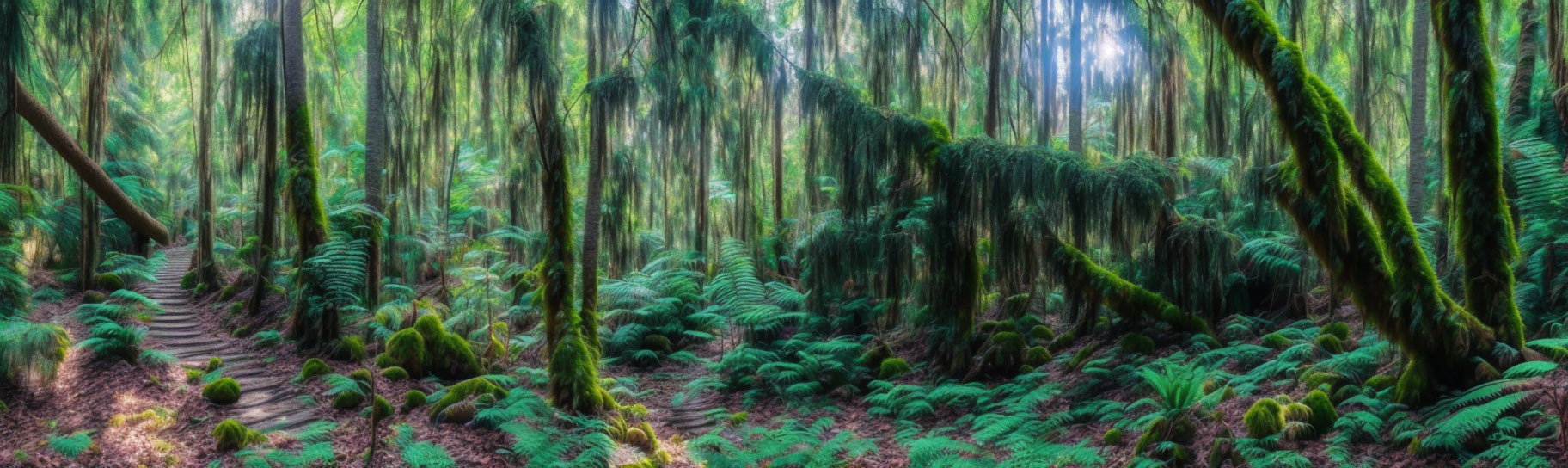 Lush Green Forest with Tall Moss-Covered Trees