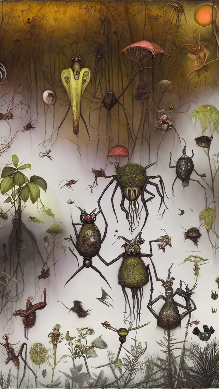 Surreal insectoid creatures and plants in dreamlike landscape