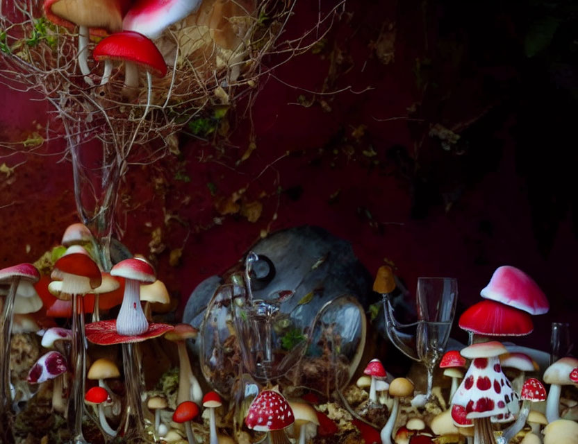 Colorful Artificial Mushrooms with Miniature Watering Can and Glassware on Dark Red Background