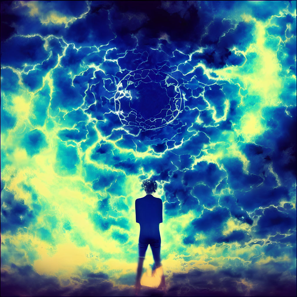 Silhouetted figure against vibrant stormy sky with electric blue vortex