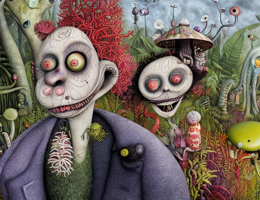 Whimsical surreal artwork with exaggerated characters in fantastical setting