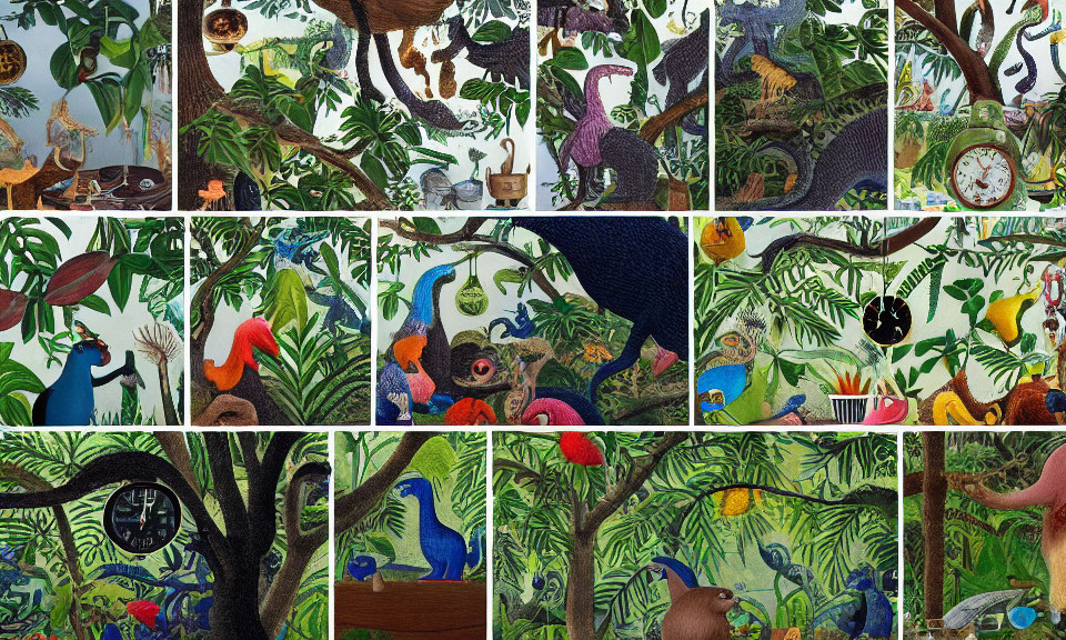 Colorful Jungle Scenes with Exotic Animals and Lush Foliage