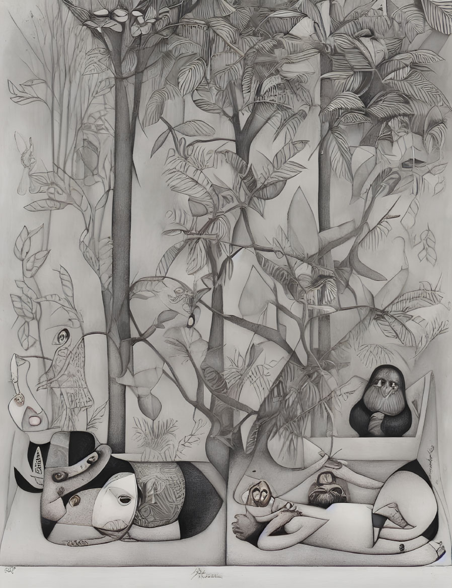 Surreal forest scene with anthropomorphic creatures and sleeping woman in monochrome illustration