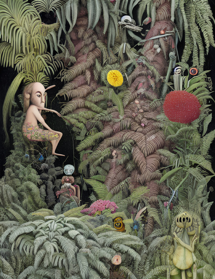 Surreal jungle artwork with hidden faces, creatures, and figure holding mask