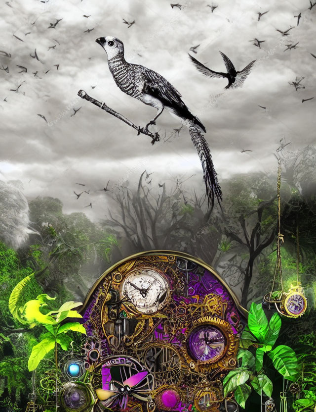 Surreal collage featuring bird, foliage, gears, clocks, watches, misty backdrop