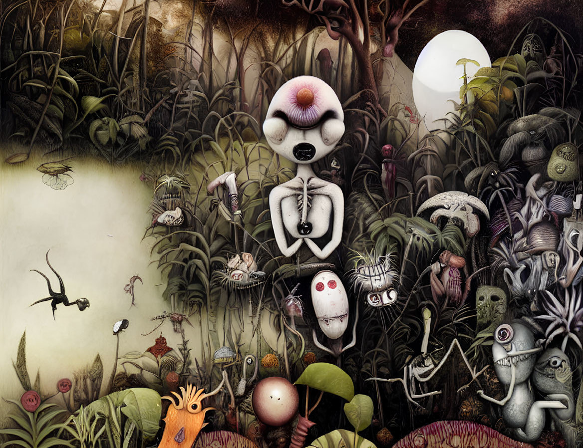 Eclectic mix of surreal creatures in dark, dreamlike landscape