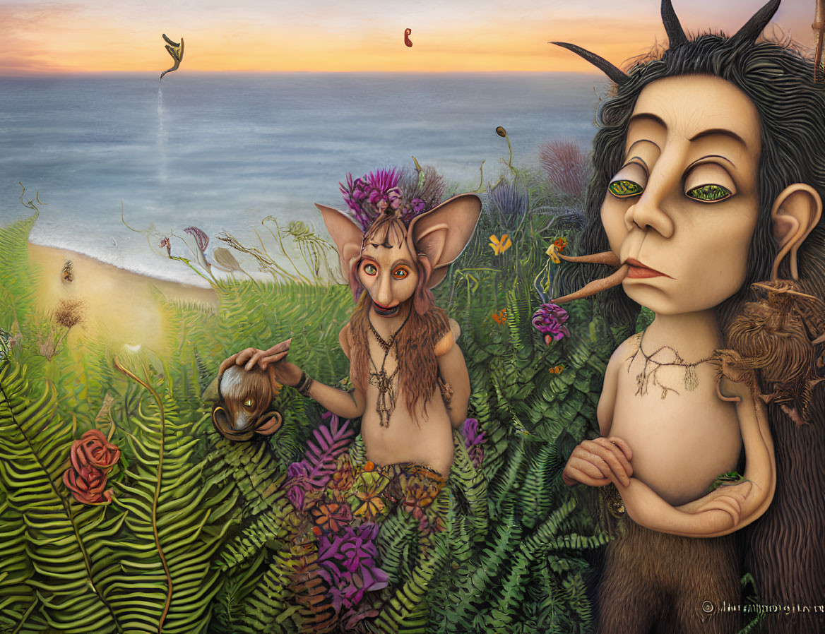 Surreal painting: fantastical creatures in colorful flora by seaside cliff