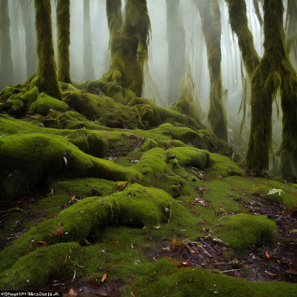 Enchanting misty forest with moss-covered trees and swirling fog