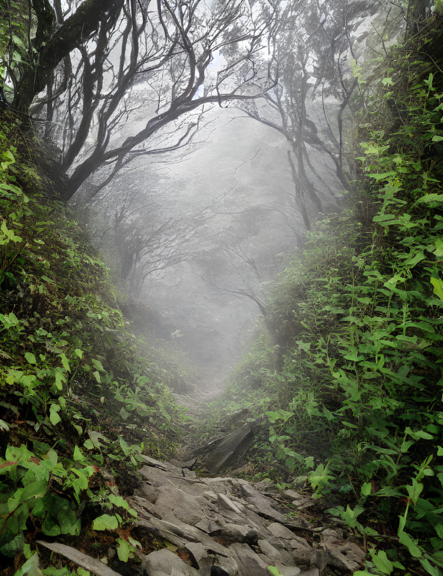 Foggy forest path with rocky steps and lush green foliage