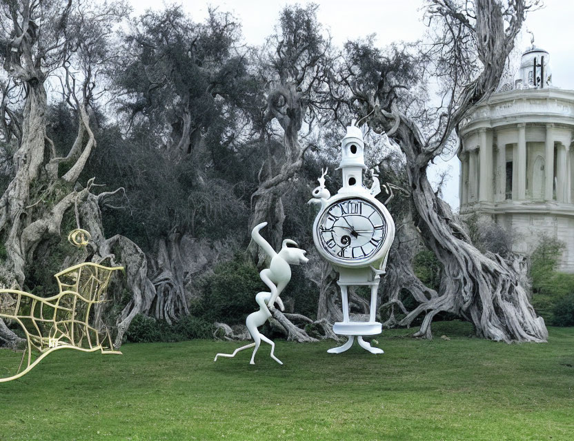 Abstract white human figure sculpture with ornate clock and gold wire-frame deer in park setting